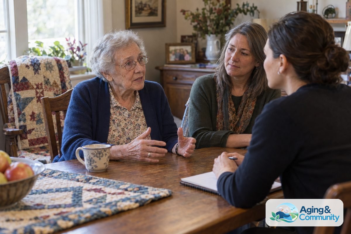 An older woman sits at a wooden dining table and talks with a visiting clinician while her daughter listens beside her.
