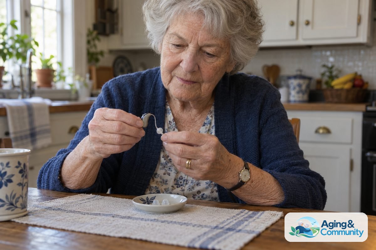 A woman seated at a wooden kitchen table holds a hearing aid near a small tray of silicone domes.