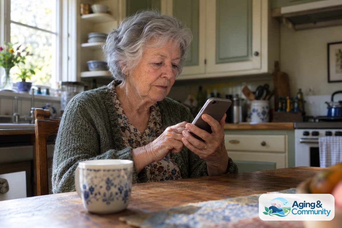 An older woman holds a smartphone in both hands at a wooden kitchen table beside a ceramic mug.