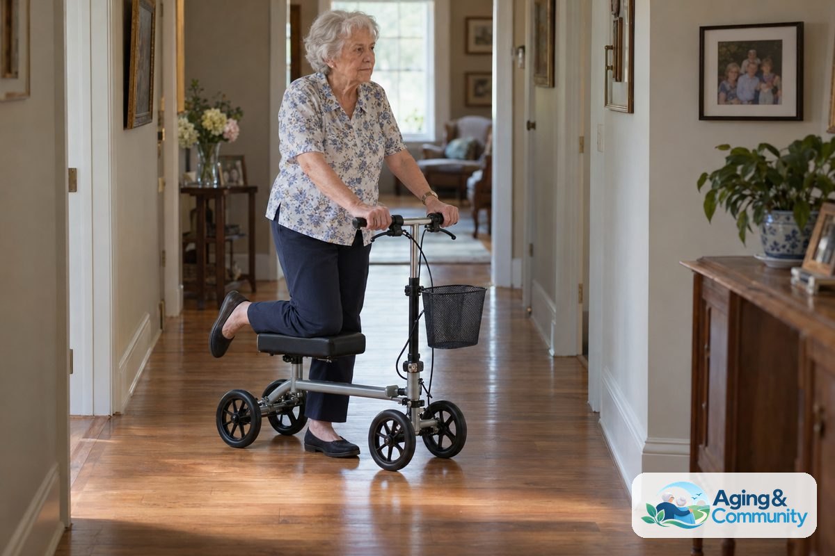 A woman in her late 70s uses a knee scooter in a clear wood floored hallway with both hands on the handlebars and her other foot on the floor.