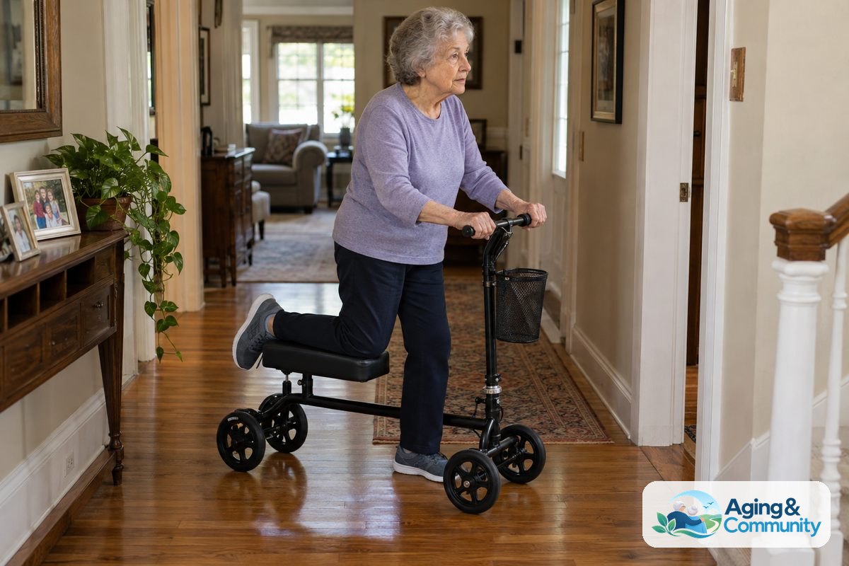 An older woman holds both handlebars of a knee scooter with one shin resting on the cushion and her other foot flat on a hardwood hallway floor.