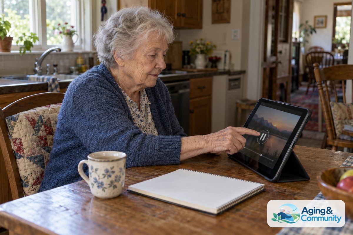 AI for Seniors Video Tutorials and Helpful Digital Tools 1 A woman in her late 70s sits at a kitchen table and taps a tablet supported by an angled stand beside a notebook.