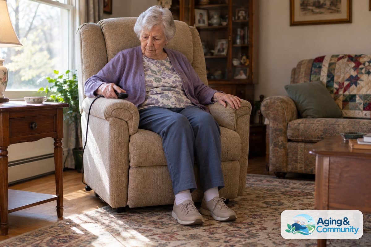 A woman sits upright in a beige lift chair with her feet flat on the floor and one hand resting beside the wired remote.