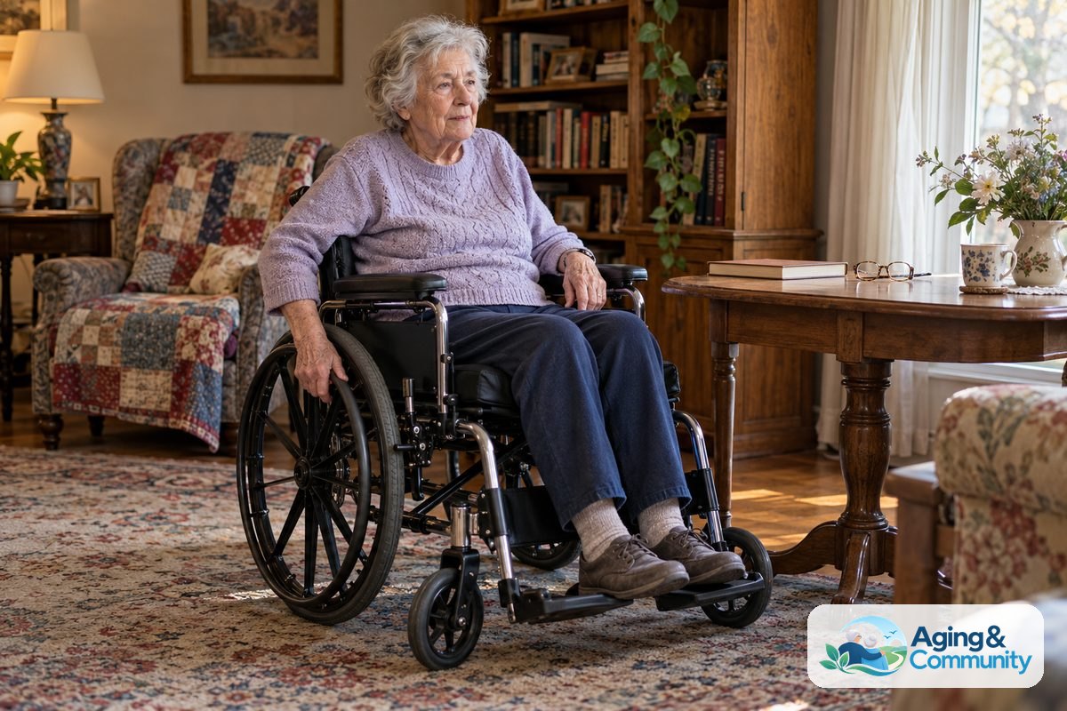 A woman in her late 70s sits in a manual wheelchair with a fitted seat cushion, her feet on the footplates and one hand resting on a hand rim.