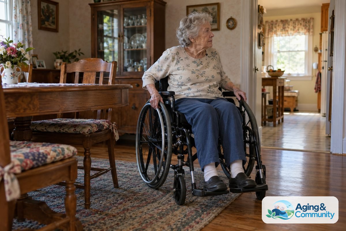 Wheelchair Versus Transport Wheelchair: What to Know 1 An older woman sits in a manual wheelchair with her hands on the wheel rims beside a wooden dining table.