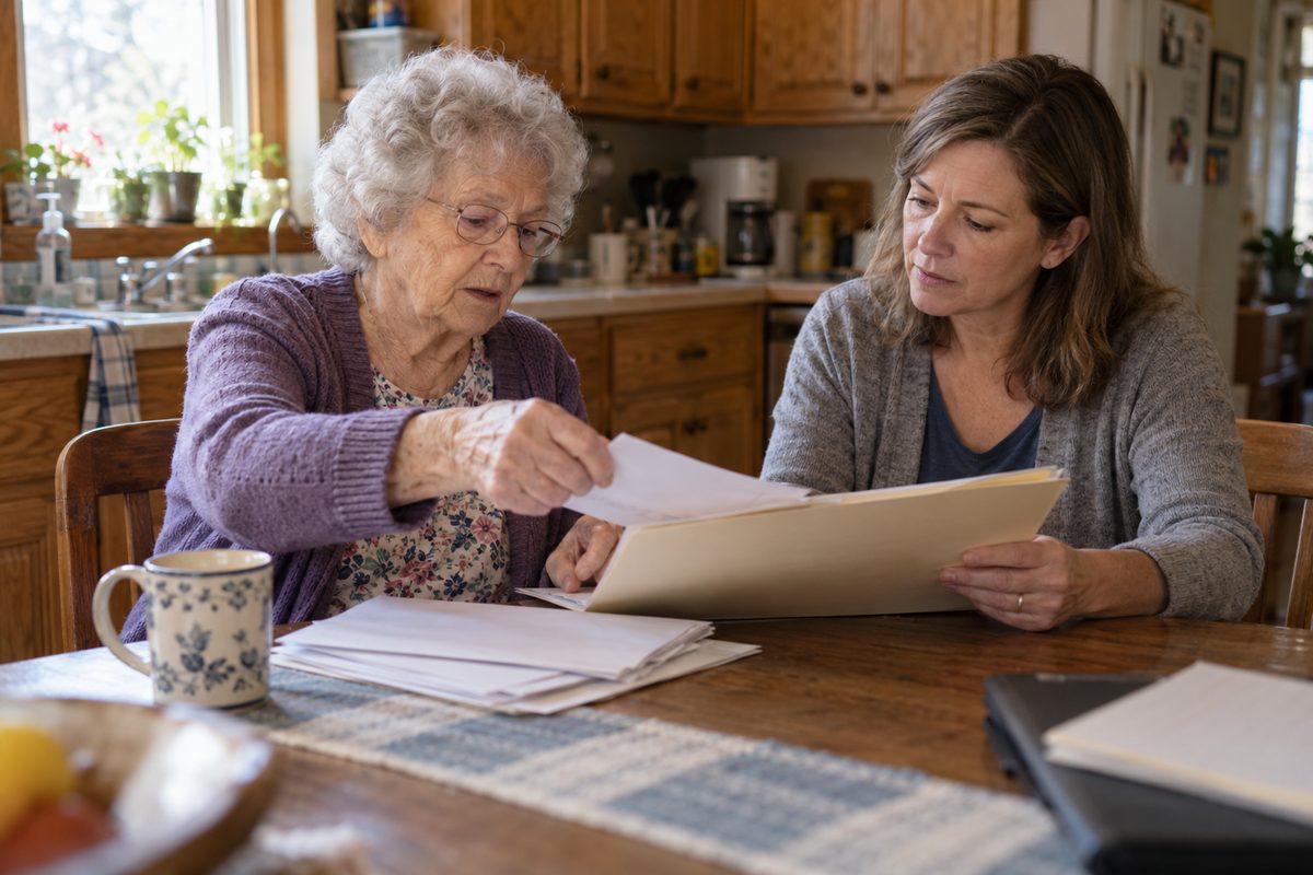 An older woman sorts papers into a folder at a wooden kitchen table while another adult sits beside her.