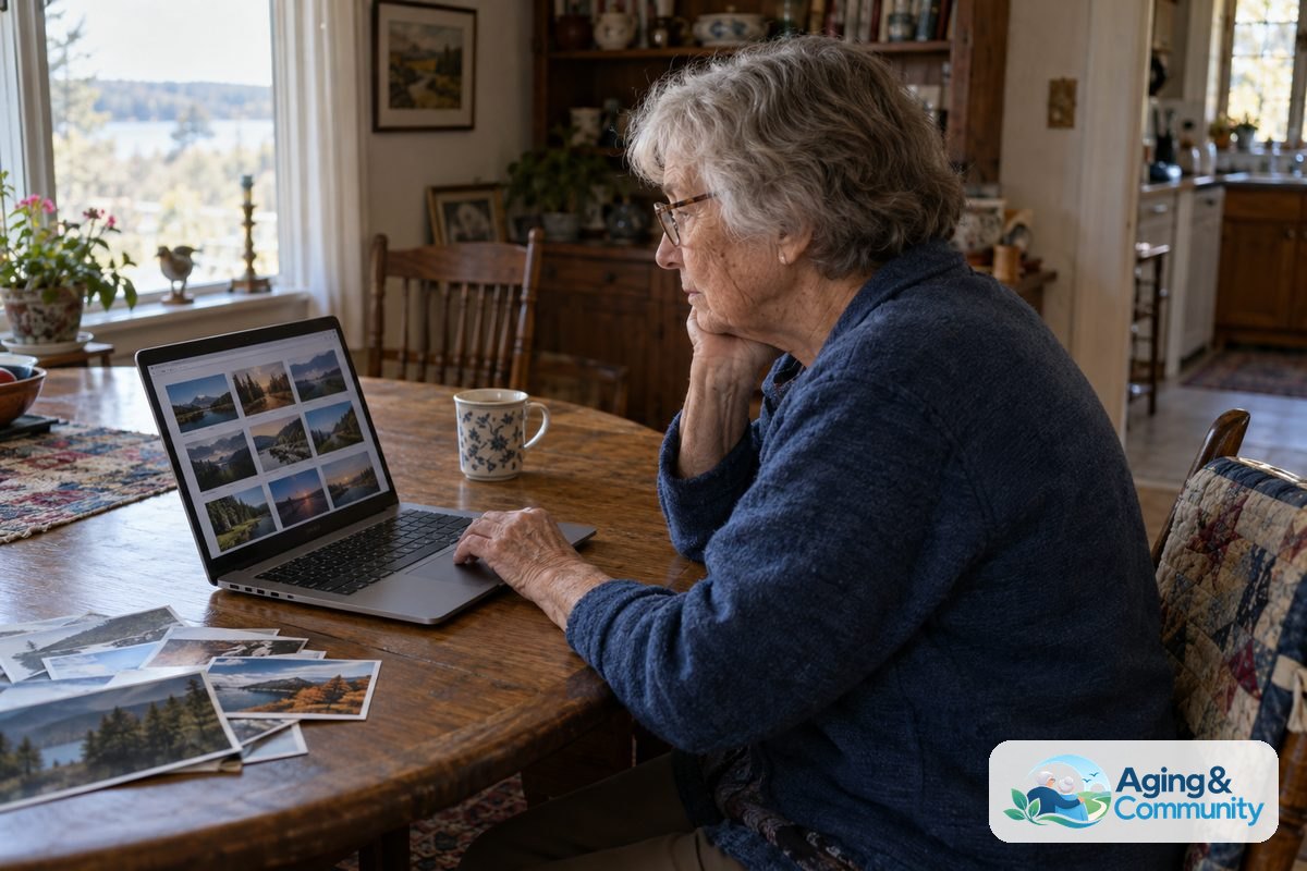 A woman in her late 70s sits at a wooden dining table using a laptop beside a small stack of landscape prints.