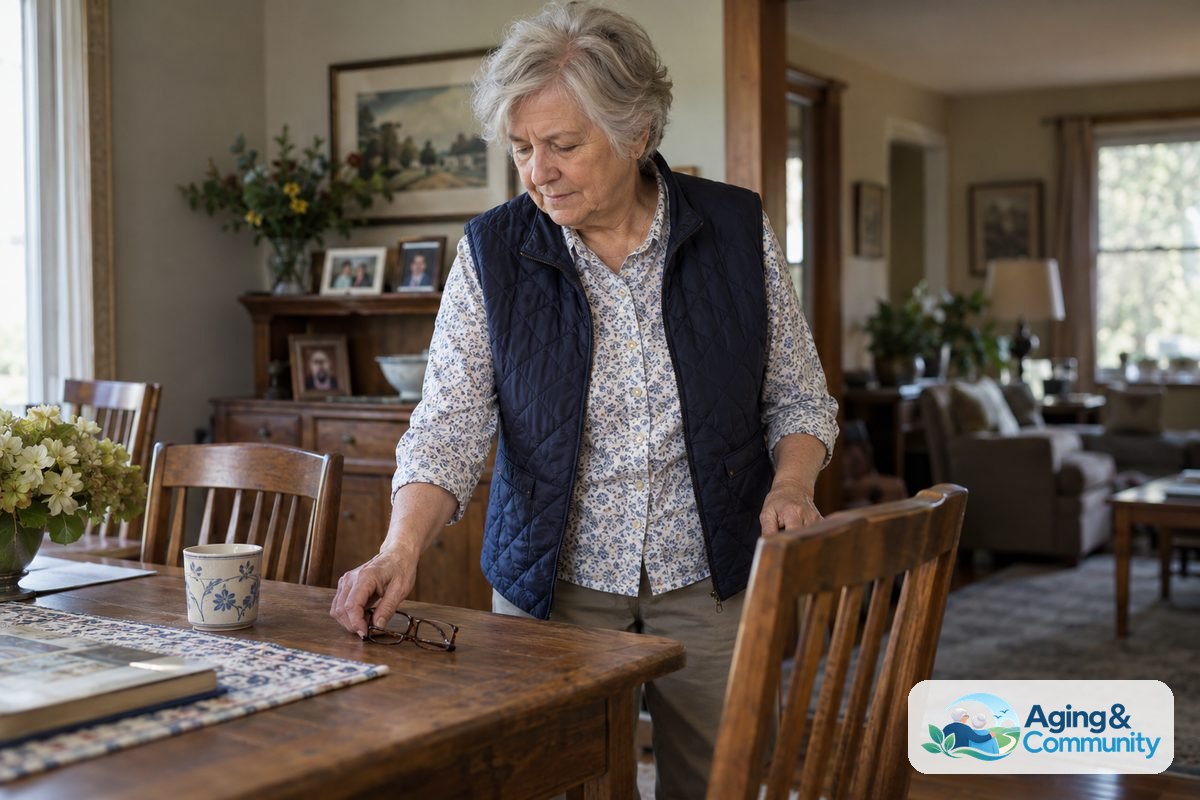 Elderly Fall Vest Guide for Everyday Safety 1 A woman wears a lightly quilted vest over a cotton shirt while standing beside a wooden dining table in her home.