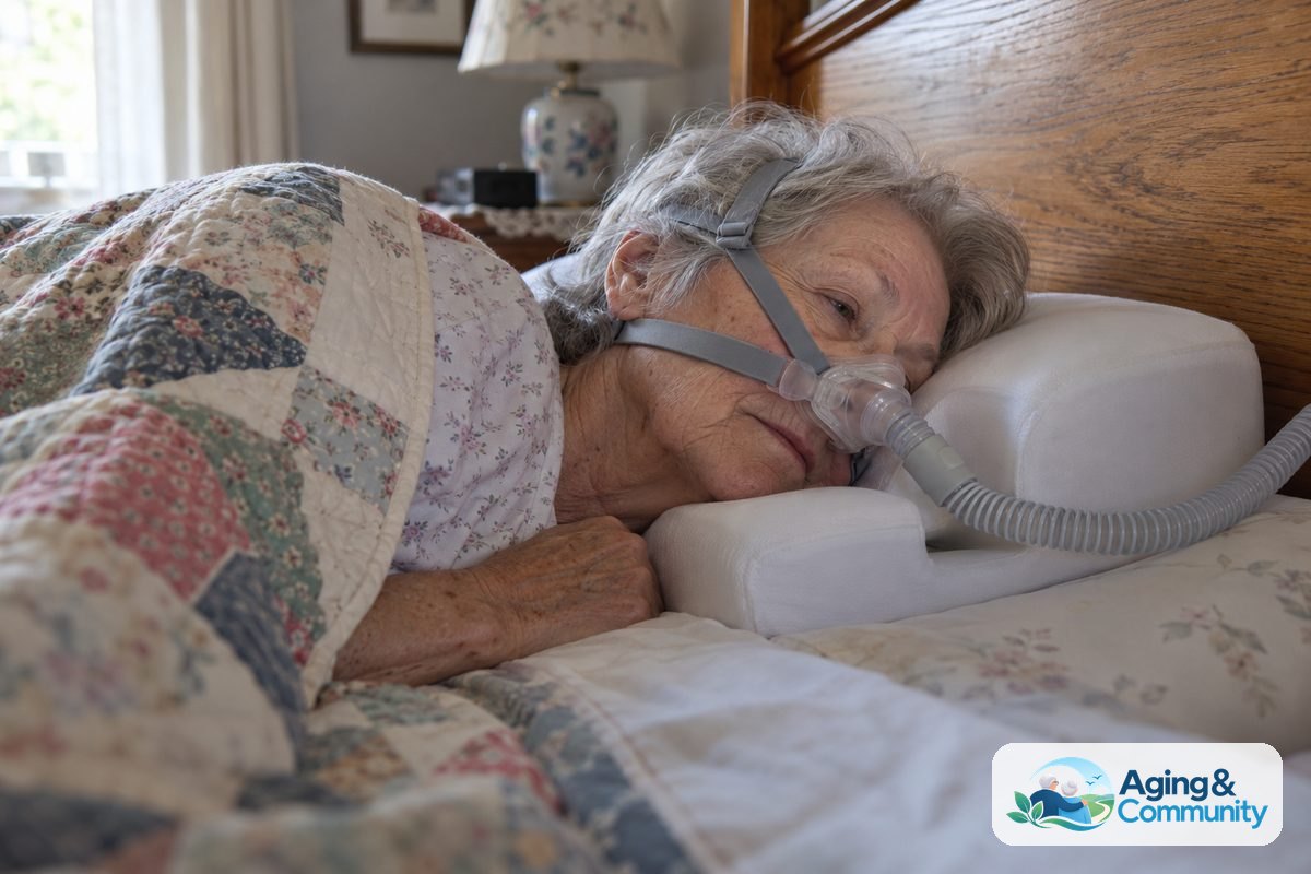 A woman rests on her side with her head on a contoured pillow and her CPAP mask extending over a side cutout.