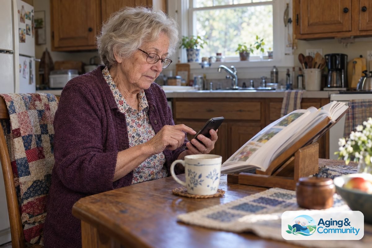 An older woman holds a smartphone beside an open printed guide on her kitchen table.