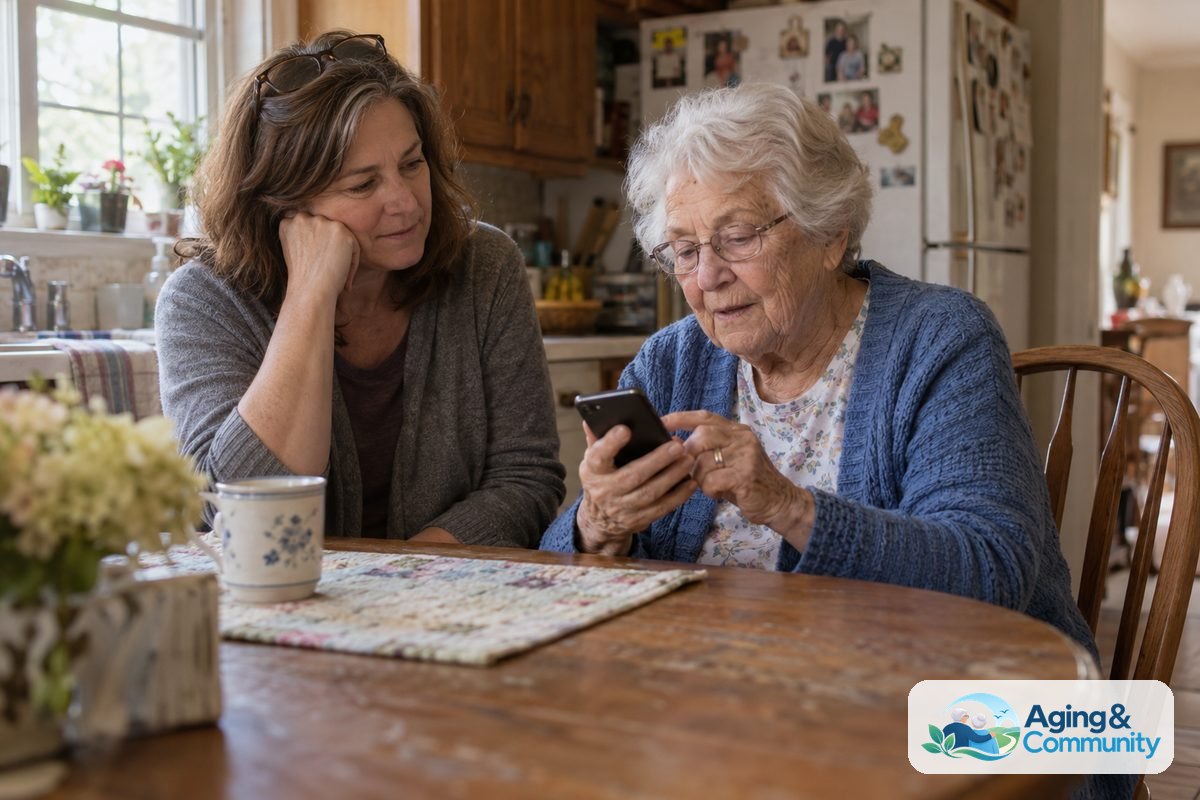 A woman sits at a wooden kitchen table holding an iPhone while a younger adult looks on from beside her.