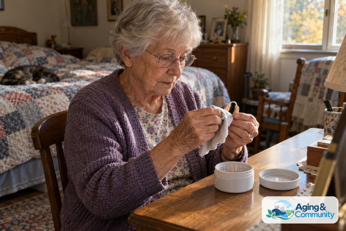 A woman sits at a wooden bedroom desk and wipes a hearing aid with a soft cloth beside an open drying jar.
