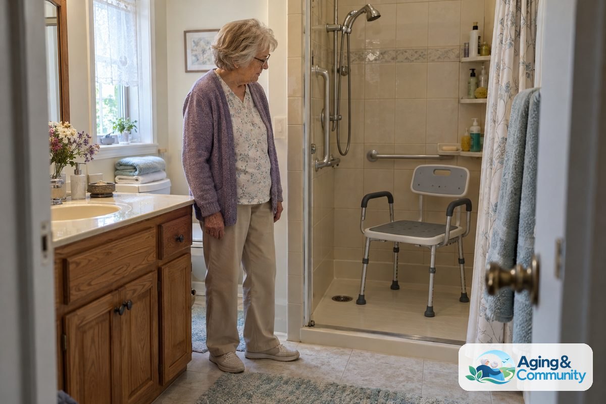 How to Use Shower Chair After Hip Replacement Safely 1 A woman with gray hair stands beside a bathroom doorway looking at a shower chair and bathing supplies inside a low threshold shower.
