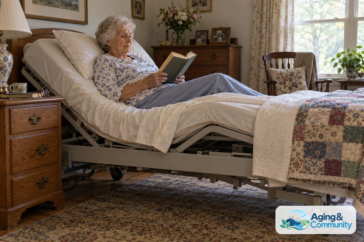 A woman in her late 70s reads a book while sitting against the raised head section of a hospital bed in a home bedroom.