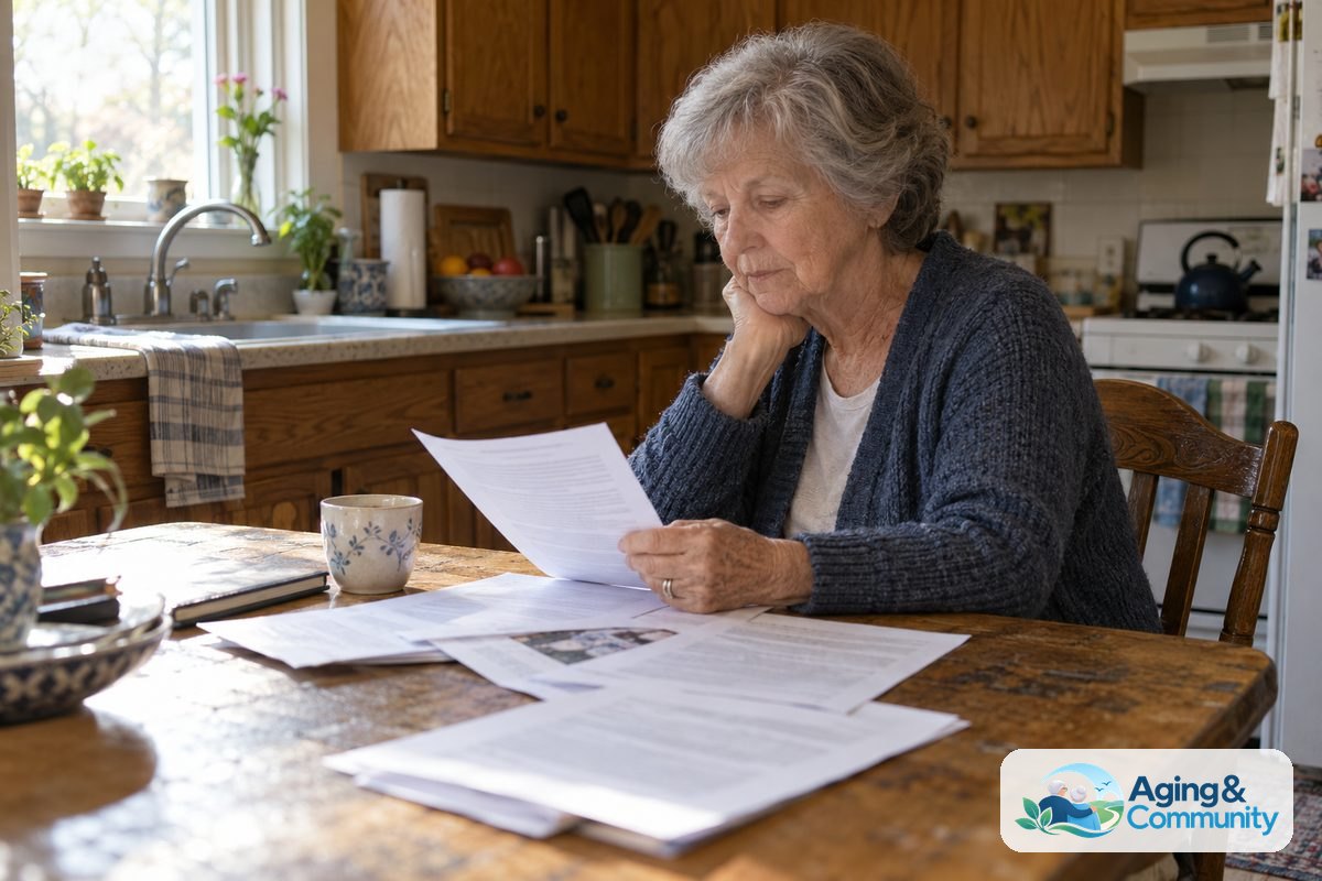 An older woman sits at a wooden kitchen table with reading glasses, printed pages, and an open notebook.