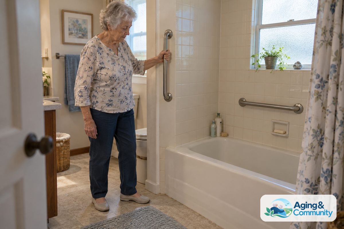 A fully clothed woman stands outside a bathtub with both feet on the floor and one hand on a vertical wall grab bar.