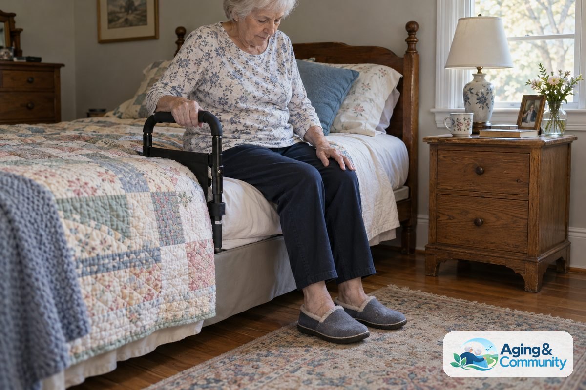 An older woman sits on the edge of her bed with both feet on the floor and one hand resting on a padded bedside rail.