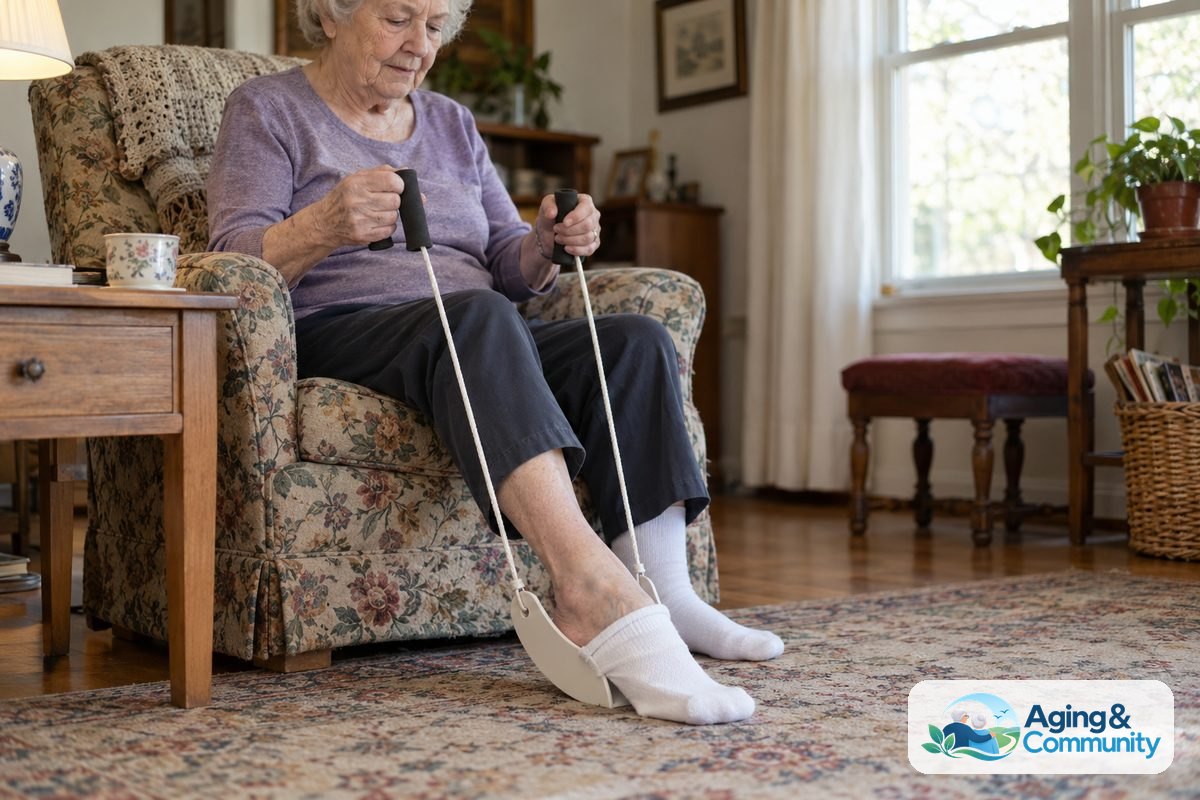 A woman sits in an armchair holding two foam handles while guiding her foot into a sock stretched over a plastic sock aid.