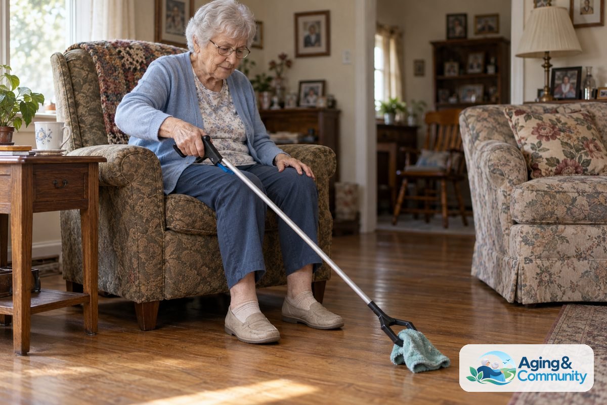 How to Use a Reacher Grabber Safely at Home 1 A woman seated in a sturdy armchair uses a reacher to lift a dry washcloth from the floor beside her feet.