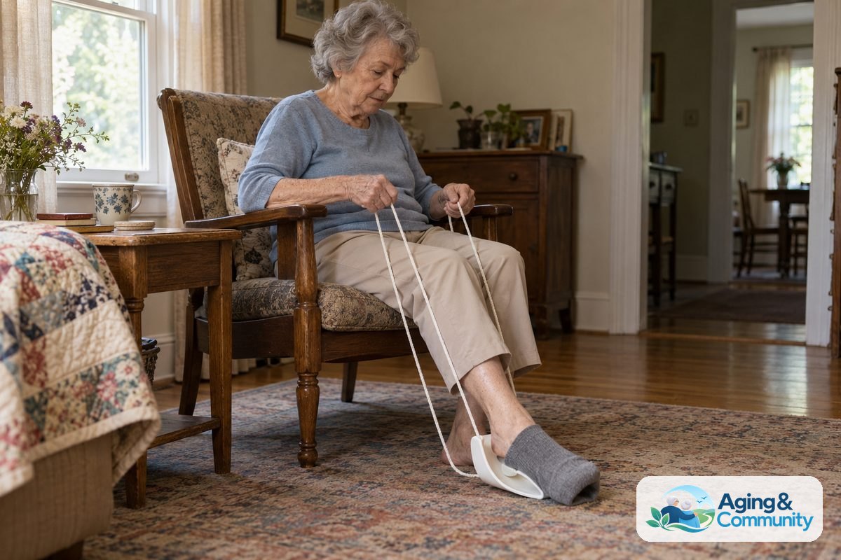 A woman sits in a wooden armchair and holds both cords of a sock aid as her foot enters a gray sock near the floor.