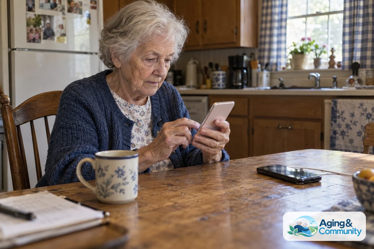 A woman sits at a wooden kitchen table holding a new iPhone beside a charging cable and an older phone with a cracked screen.