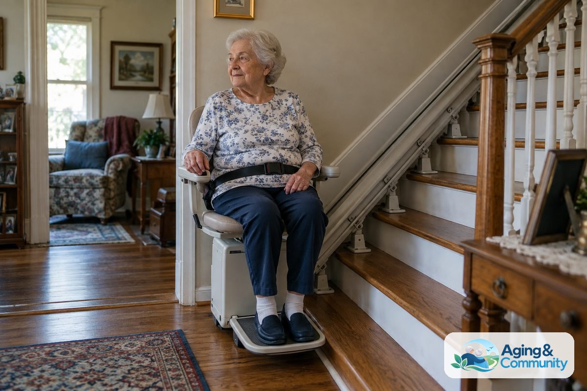 Does Medicare Cover Stair Lift Chairs? Coverage and Costs 1 A woman sits on a stair lift at the bottom of a wooden staircase with her feet on the footrest and her seat belt fastened.