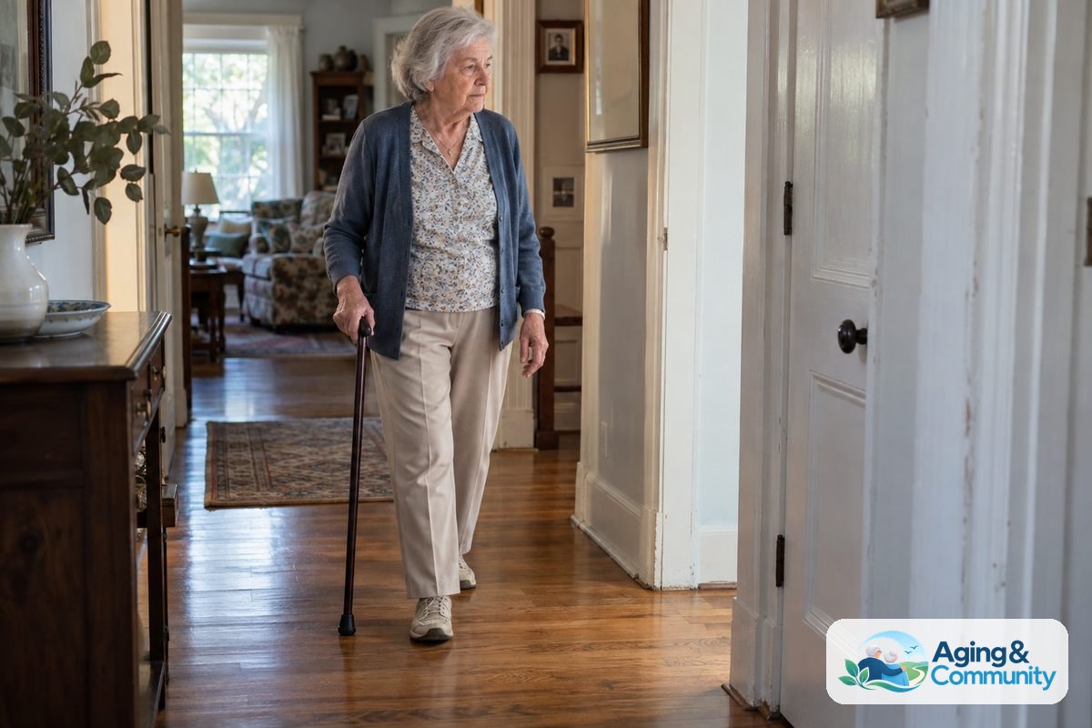 A woman walks upright with a straight cane along an uncluttered wooden hallway in her home.