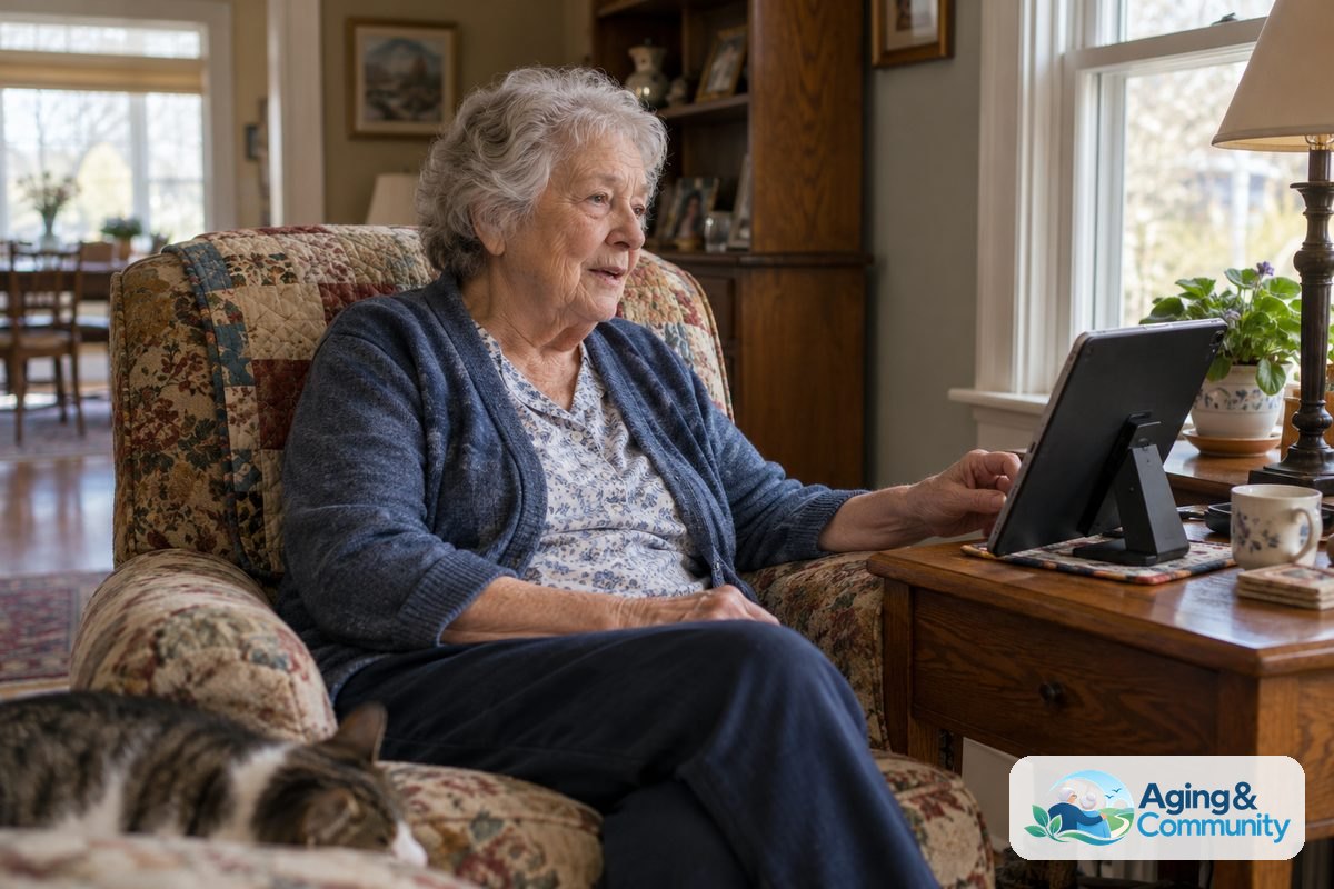 Monitor Elderly at Home With Video Calls Safely 1 An older woman sits in an upholstered chair and talks to a tablet resting on a stand beside a window.