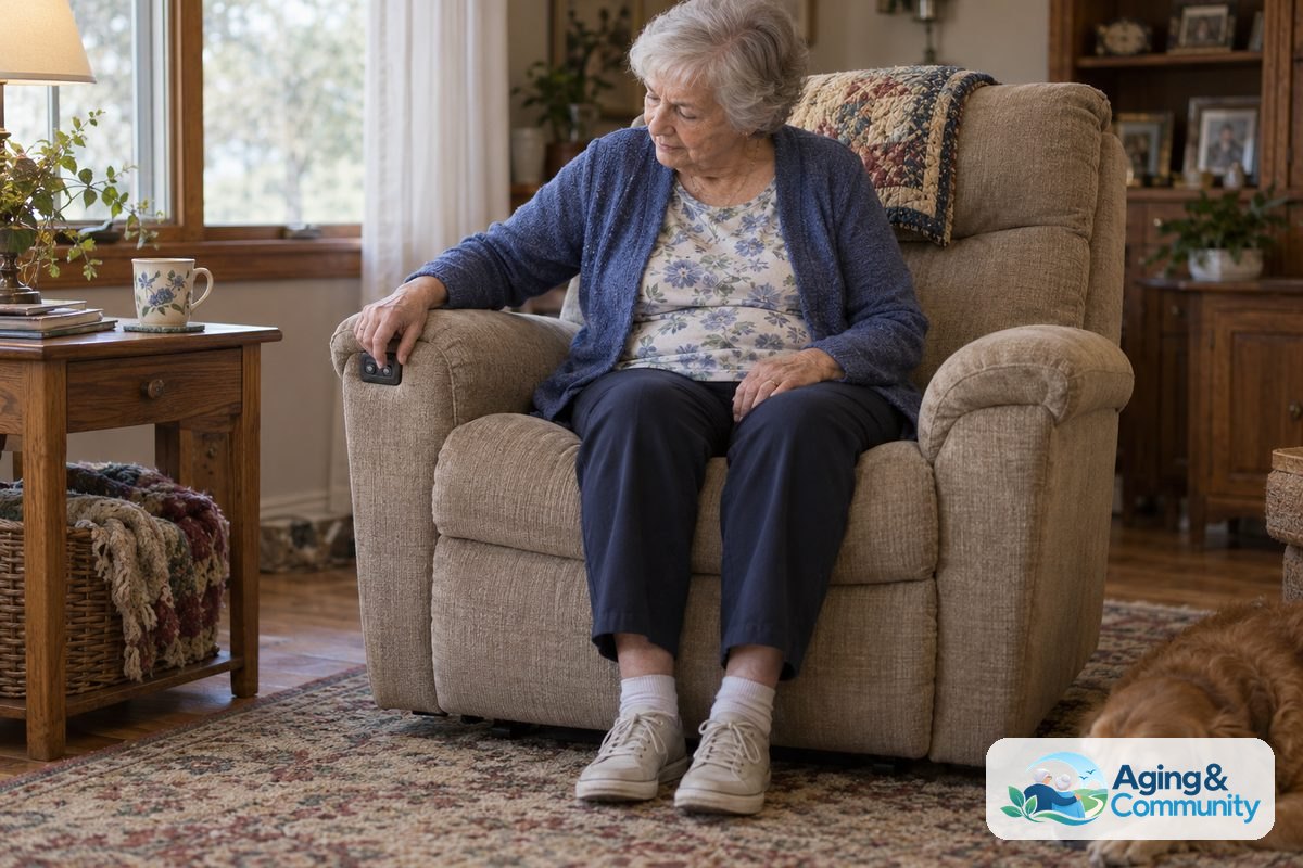 How to Choose Recliner Sofa Options for Your Home 1 A woman sits upright on a beige reclining sofa with her feet on the floor and one hand resting on the outer arm controls.