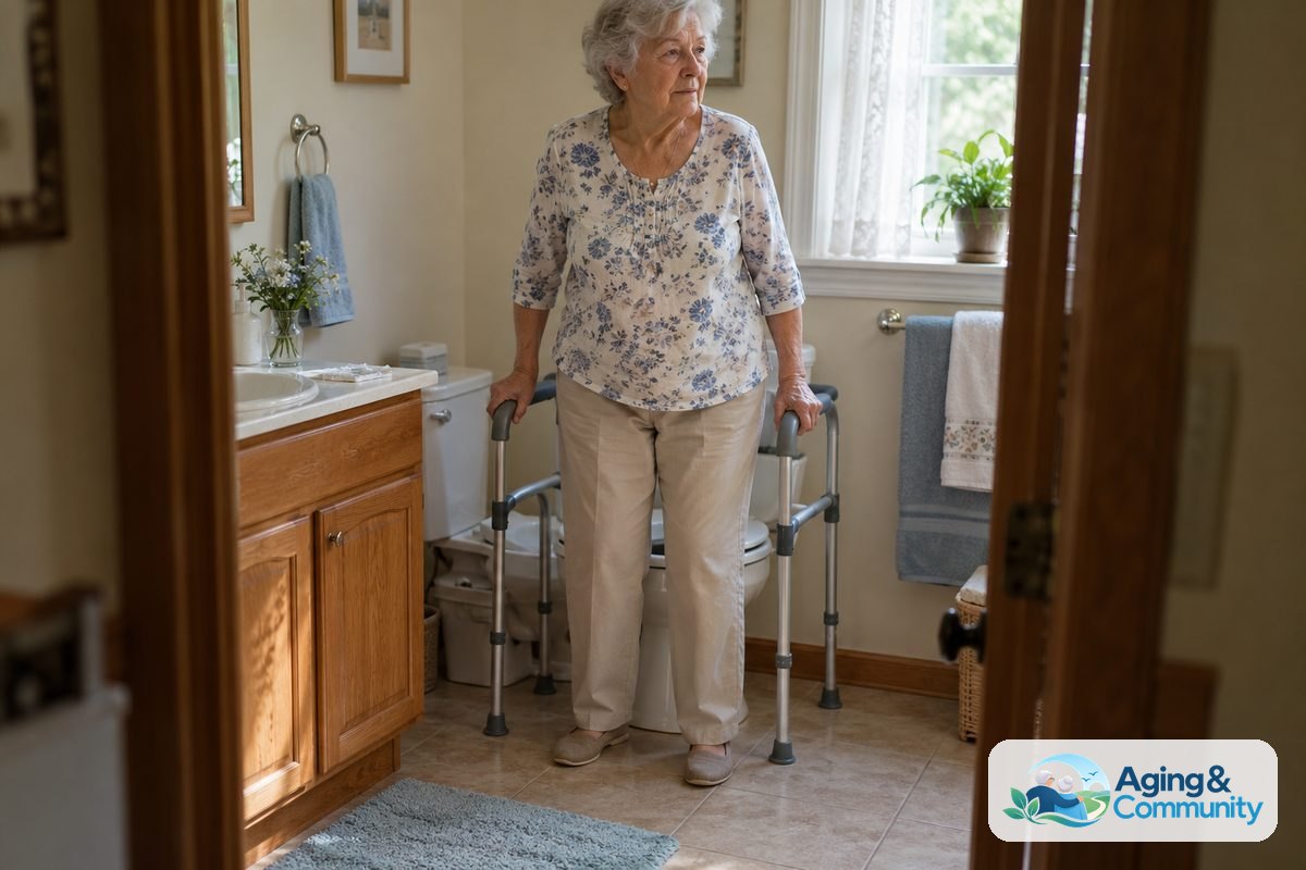 How to Use a Toilet Safety Frame Safely at Home 1 An older woman stands in front of a toilet with both hands resting on the padded rails of a safety frame.