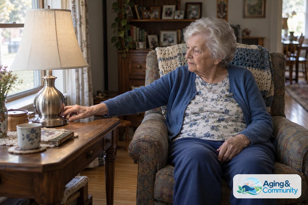 Smart Home Alternatives for Safer, Easier Living 1 An older woman seated in an upholstered chair reaches to touch the base of a lamp on a wooden side table.