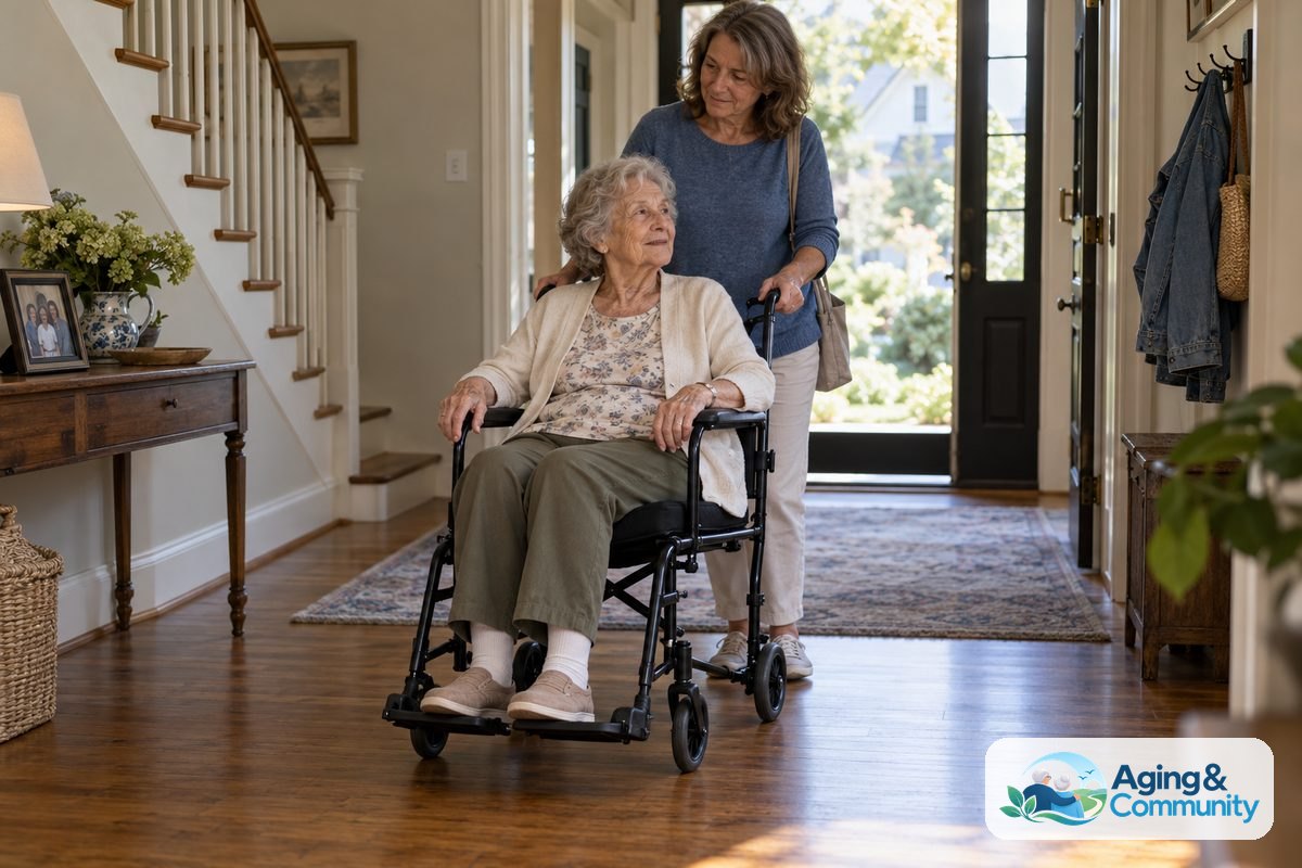 How to Choose a Transport Chair: A Clear Buying Guide 1 A woman sits in a transport chair with her feet on the footplates while a companion holds the push handles in a home entryway.