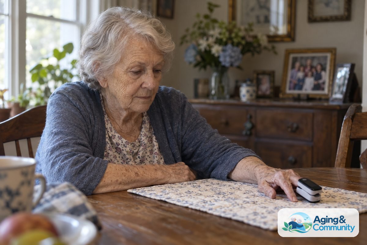 A woman sits at a wooden table with her forearm supported and a fingertip pulse oximeter clipped onto her index finger.