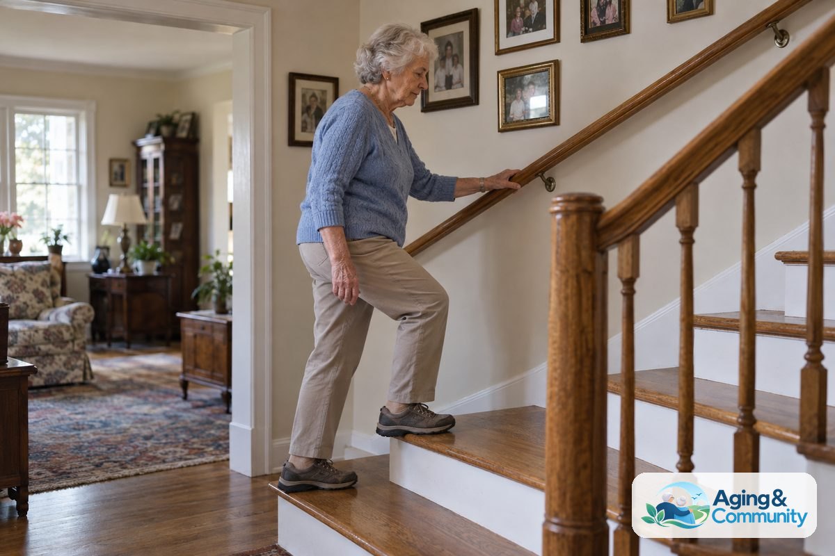 Health And Safety Using Stairs At Home 1 A woman holds a wooden handrail while climbing an uncluttered staircase in a home with framed family photographs.