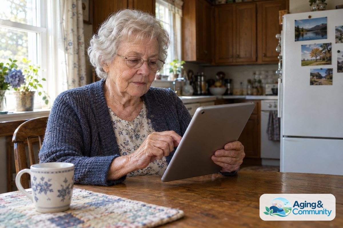 An older woman seated at a wooden kitchen table taps a tablet propped in a folding case beside a ceramic mug.