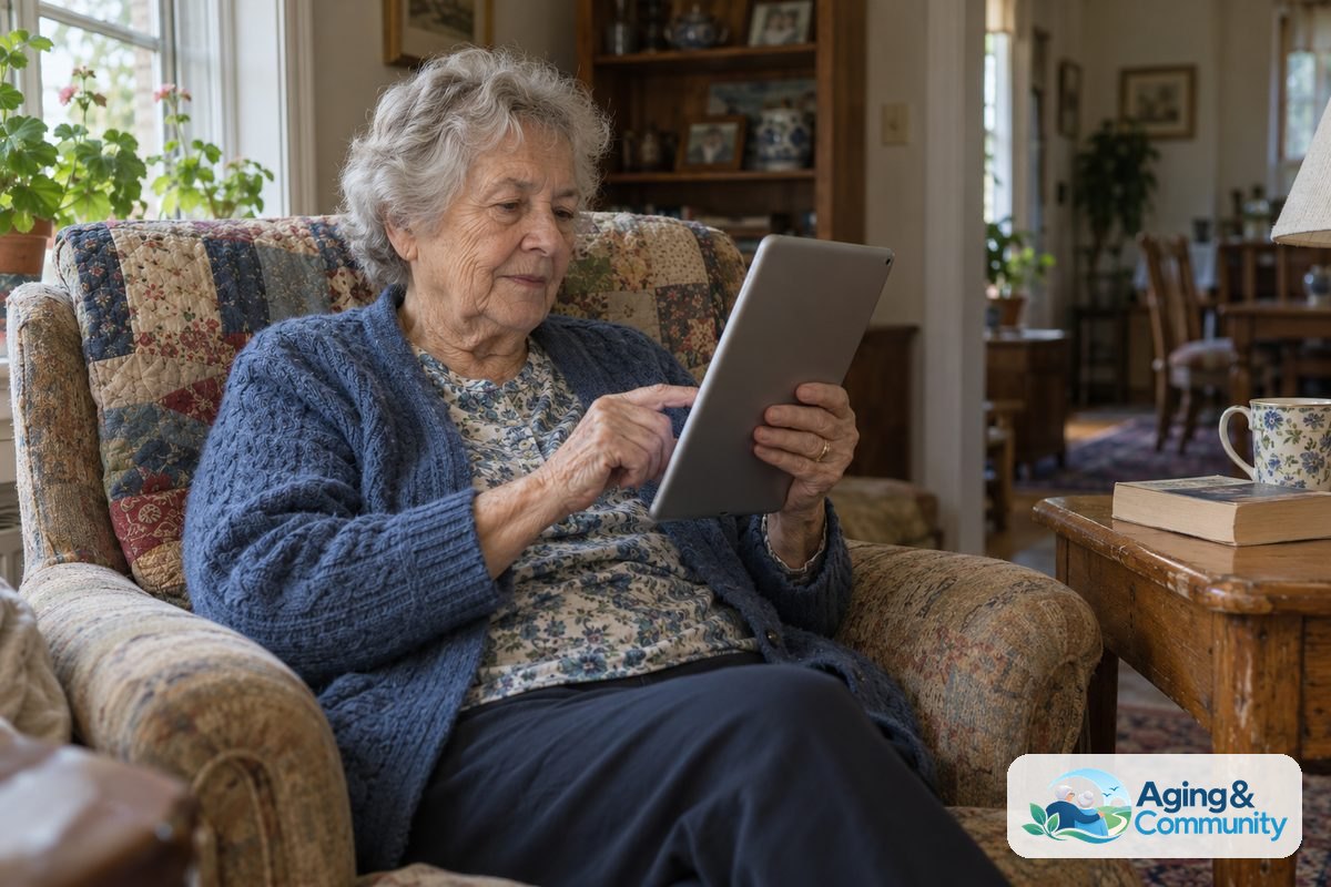 A woman seated beside a window holds a tablet upright and taps its screen with one finger.