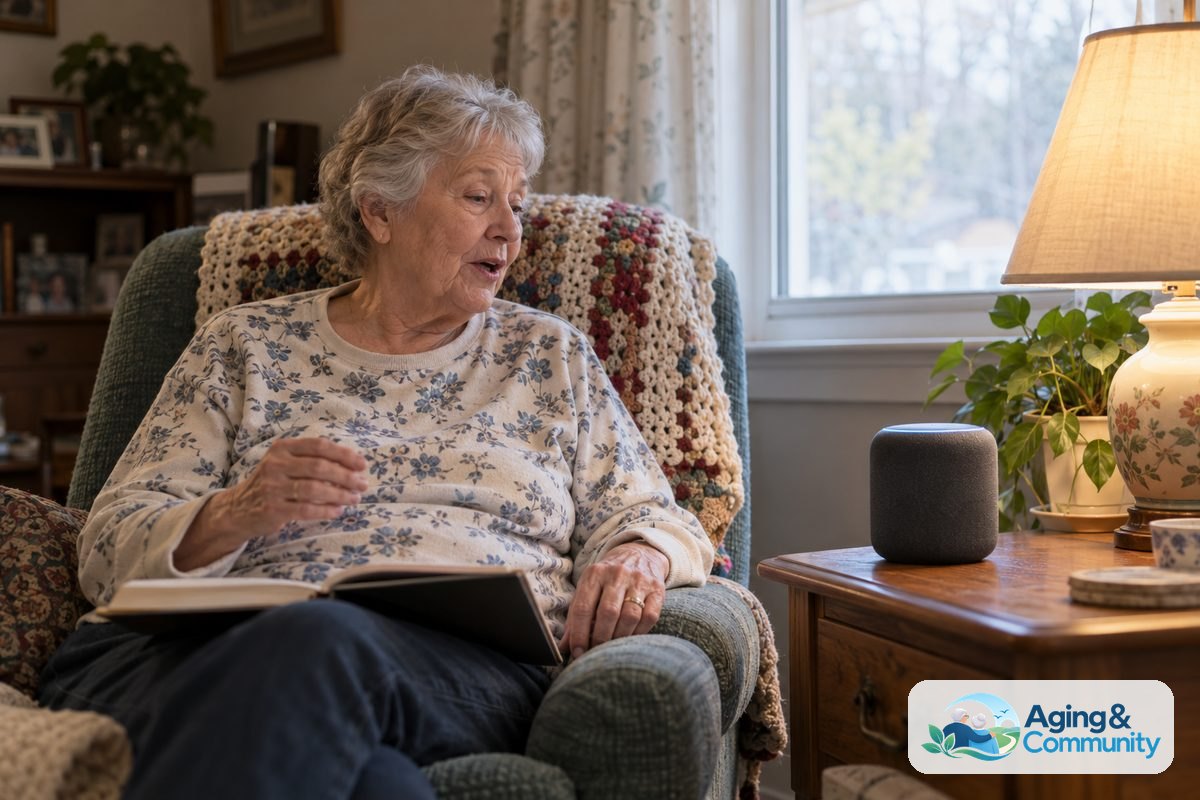 AI and Aging in Place: Practical Help at Home 2 An older woman sits in an armchair beside a small smart speaker and a lit table lamp, speaking with one hand resting on an open notebook.