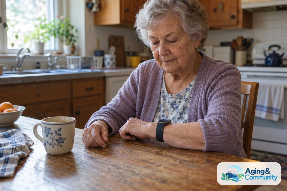 A woman in her late 70s wearing a simple alert watch sits beside a wooden entry table and puts on walking shoes.