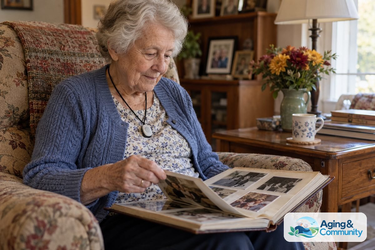 Elderly Fall Sensor Guide for Safer Daily Living 1 A woman wears a small pendant over her cardigan while sitting beside a wooden table in her living room.