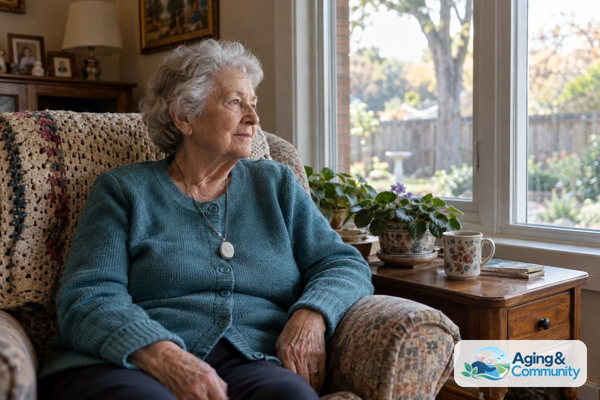 A woman wears a small help button necklace over her cardigan while sitting beside a window in her living room.