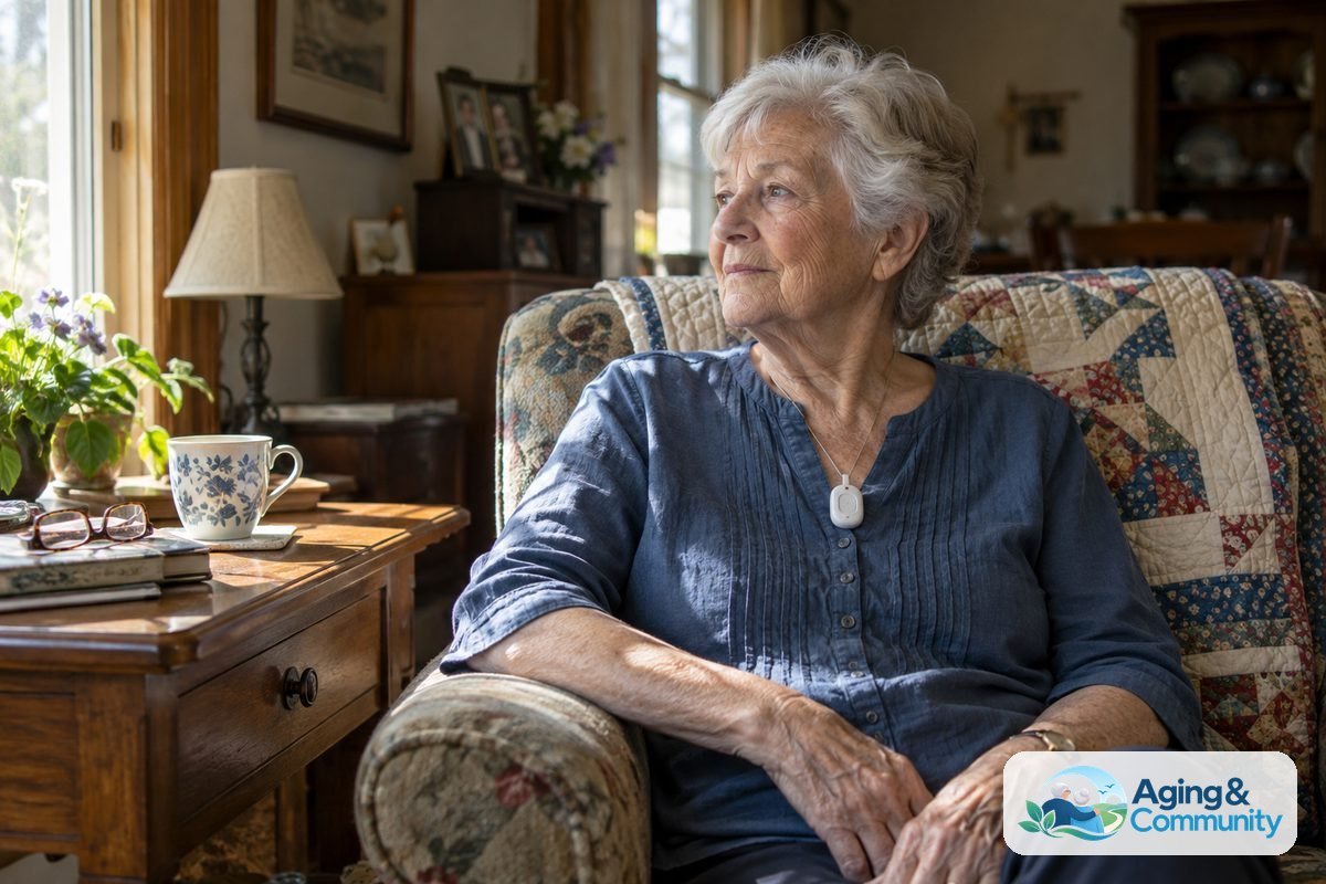 How to Choose a Medical Alert System for Your Needs 1 A woman wears a small alert pendant while sitting beside a wooden side table in her living room.