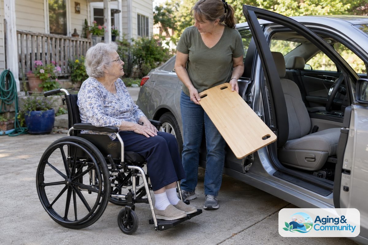How to Use Transfer Board From Wheelchair to Car Safely 1 A woman seated in a wheelchair beside an open car door reviews a wooden transfer board with a family helper on a level driveway.