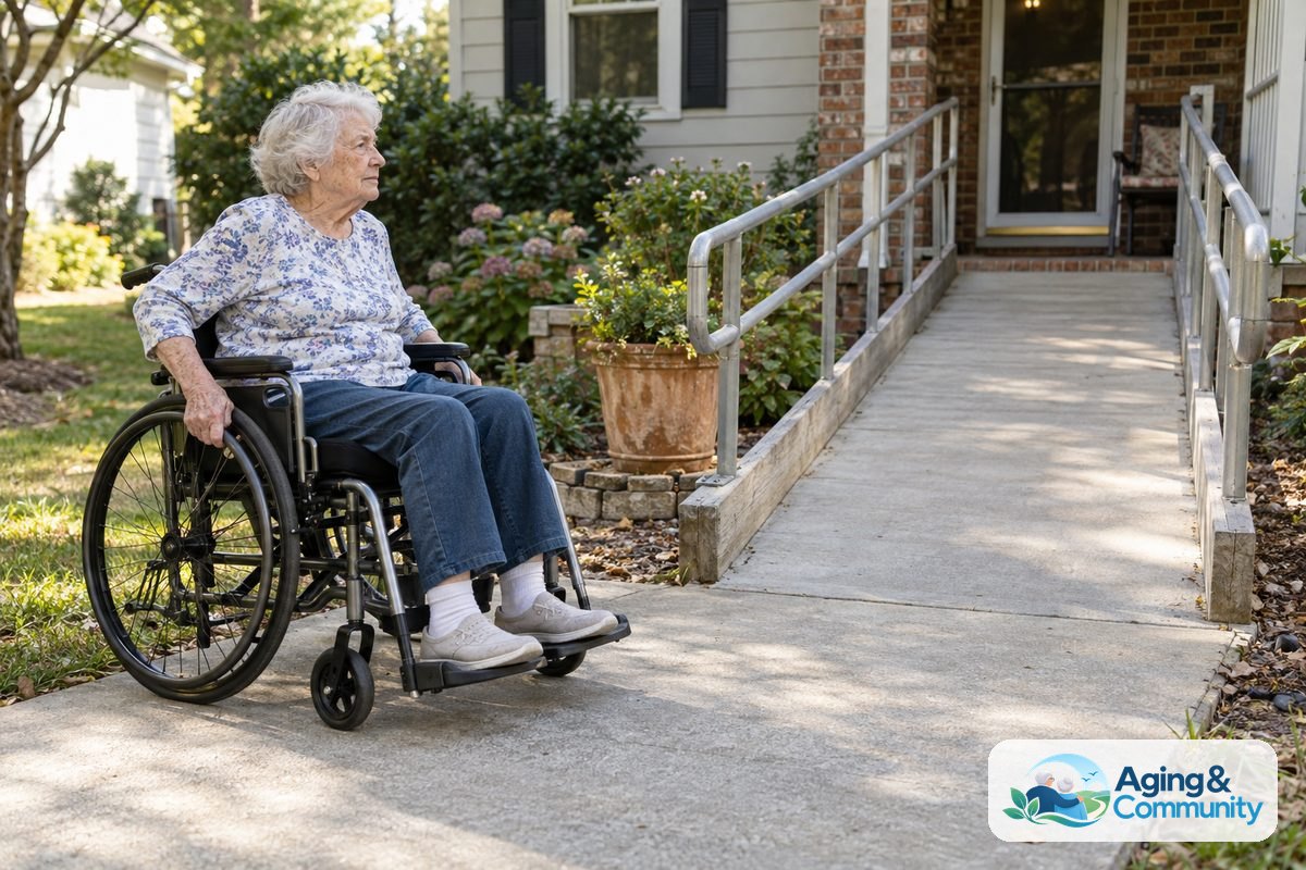 An older woman in a manual wheelchair faces a straight entry ramp from a level concrete walkway beside a brick porch.