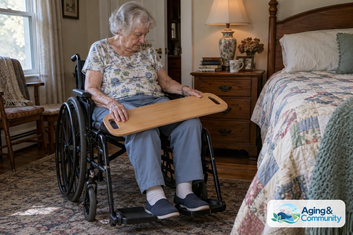 A woman with silver hair sits upright in a wheelchair beside a bed while holding a wooden transfer board across her clothed thighs.