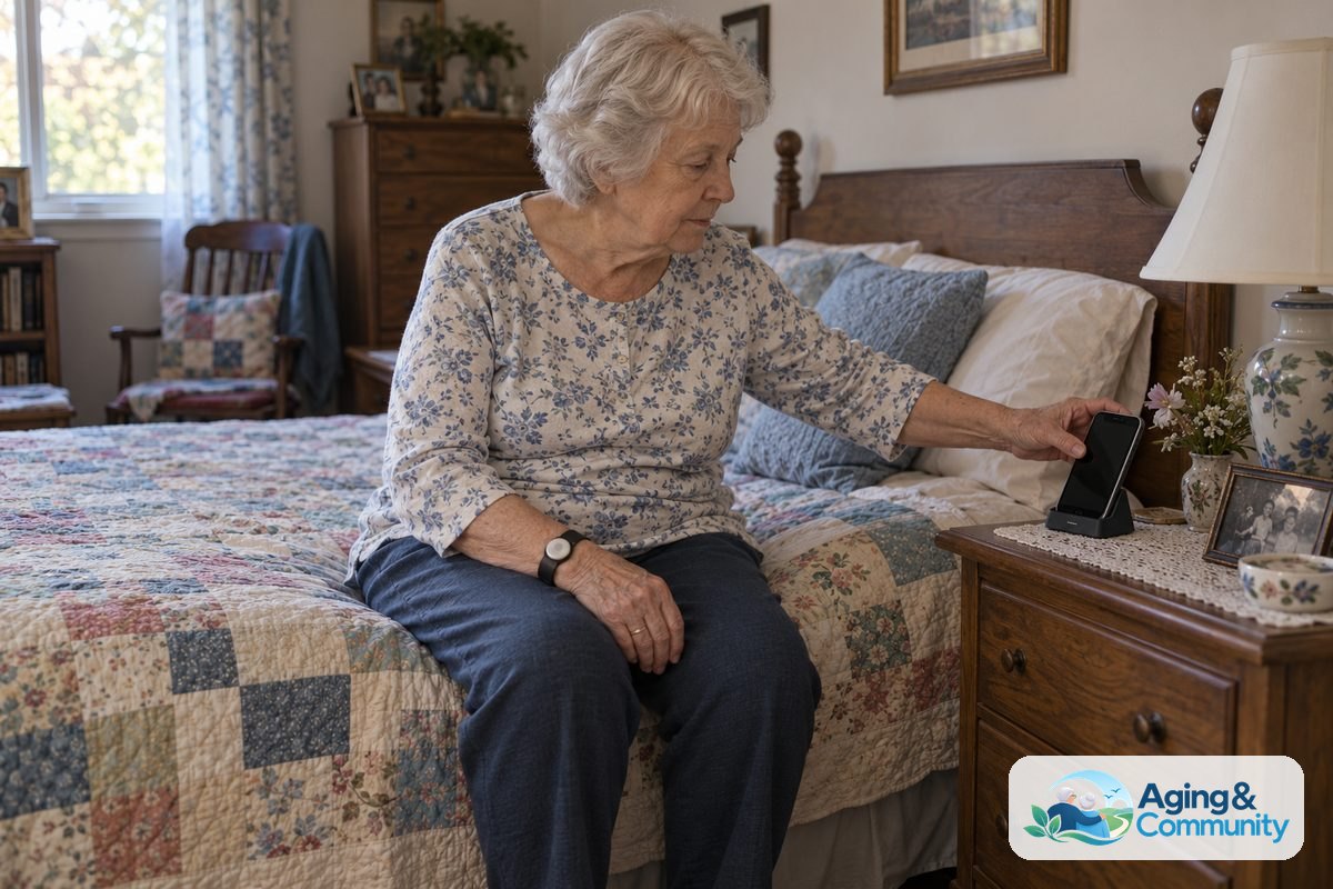 An older woman wearing a wrist alert button sits beside a bedside table with a charging phone and a lamp.