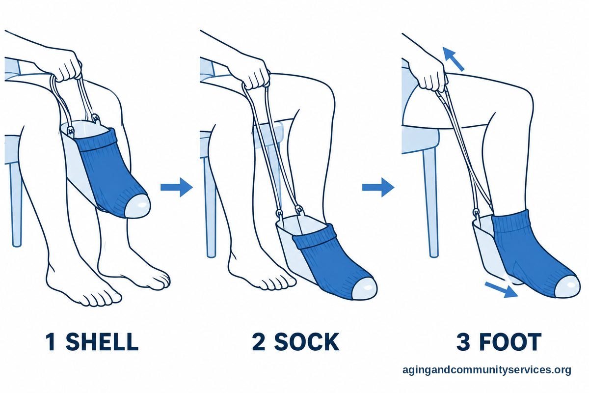 Three numbered drawings show a sock being loaded onto a shell between seated knees, the loaded aid lowered toward a foot, and one hand pulling the cord toward the knee.