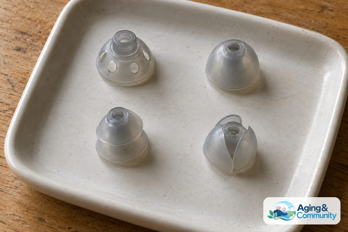 Four silicone hearing aid domes on a ceramic tray show a vented skirt, a solid skirt, two stacked skirts, and overlapping petal shapes.