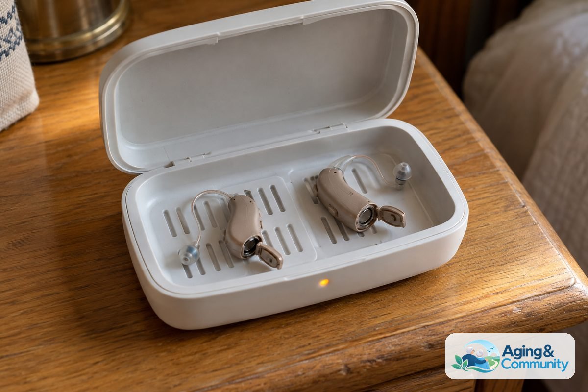 Two hearing aids rest with their battery doors open in the shallow tray of an open electric drying unit.