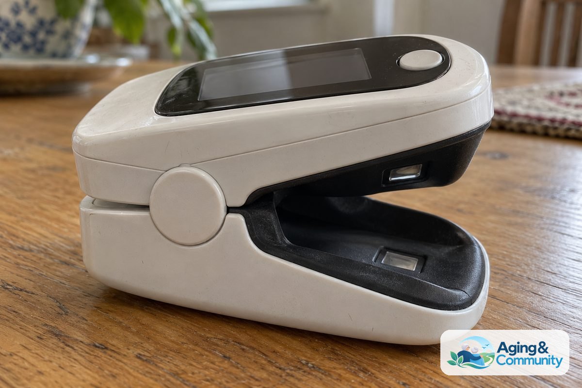 An open fingertip pulse oximeter rests on its side, revealing the padded finger chamber, power button, and dark display window.