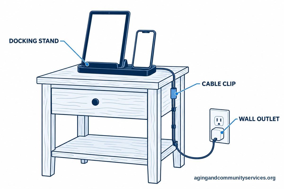 A flat vector diagram illustrating an organized nightstand charging station with callout lines pointing to an upright tablet stand, a labeled cable clip, and a high-contrast wall plug.